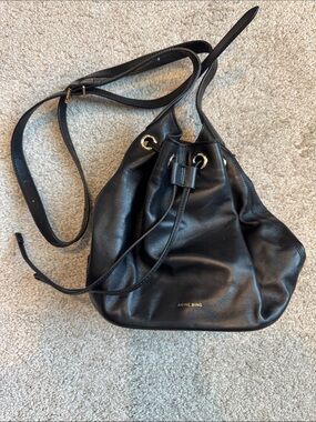 Anine Bing Small Black Leather Drawstring Crossbody Bucket Bag